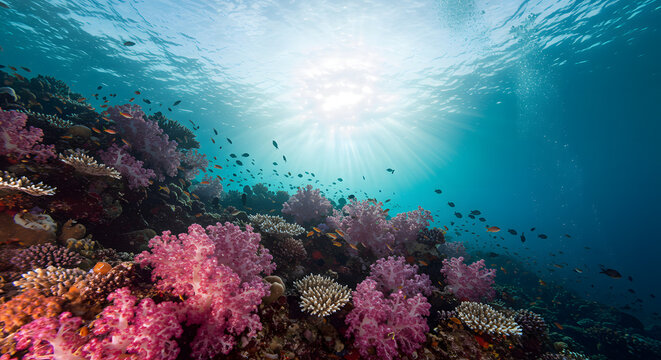 Underwater coral reef ecosystem with vibrant soft corals and marine life under the sunlight