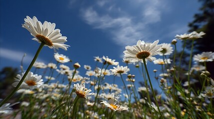 Looking up at a field of white daisies under a bright blue sky