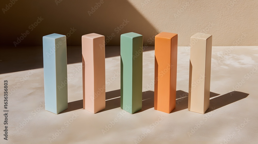 Poster colorful rectangular blocks arranged in a row on a light beige surface.