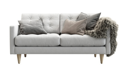 Midcentury tufted white fabric upholstery sofa with pillows and fur throw plaid. 3d render.