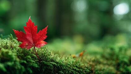 Vibrant red maple leaf rests on moss-covered forest floor.  Blurred forest backdrop