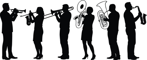 Silhouette of musicians playing instruments, trumpet, trombone, sousaphone, saxophone, tuba ensemble, brass section, band performance, marching music team © CreativeArtist