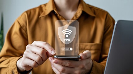 Person holding smartphone displaying secure wi fi shield icon
