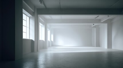 Luminous Industrial Photo Studio with White Cyclorama and Reflective Floor.