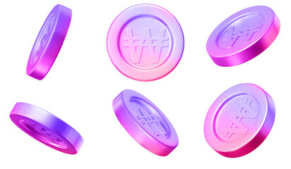 3D set neon Korean won coins with different angles. Y2k style. Stock vector illustration on isolated background.