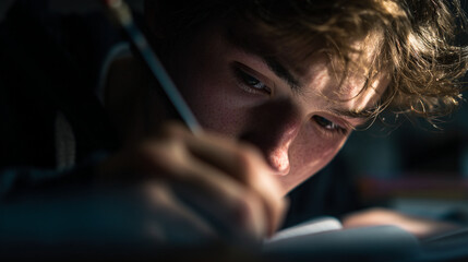 Close up of a focused young man writing in a notebook in dim lighting conditions
