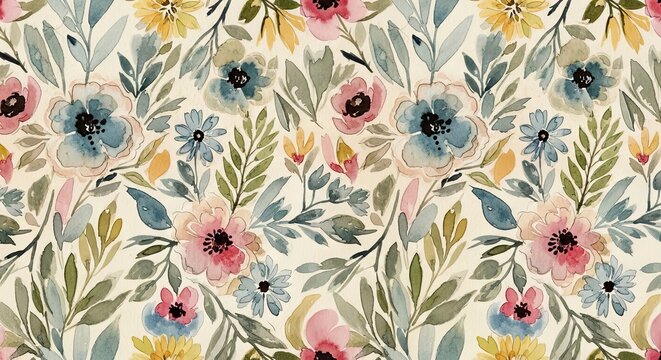 Watercolor floral pattern with blue pink  yellow flowers against an offwhite background