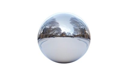 Silver chrome sphere reflects park scene. Great for abstract art, design projects, or conceptual presentations.