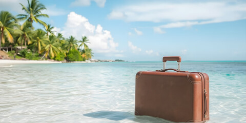 The stylish suitcase on a serene tropical beach with crystal-clear waters