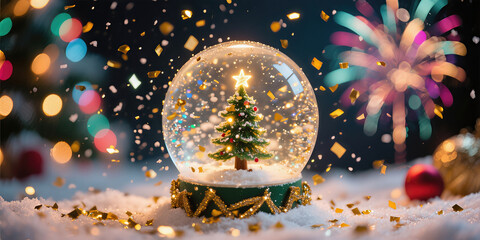 Festive snow globe with Christmas tree and colorful fireworks