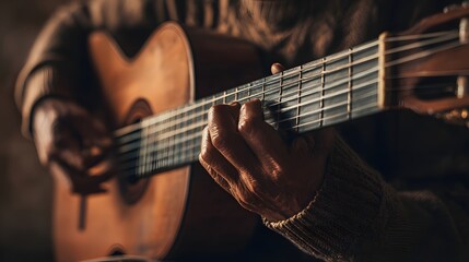Fototapeta premium Close-Up Hands Strumming Classical Guitar – Warm Tones with Rustic Studio Background