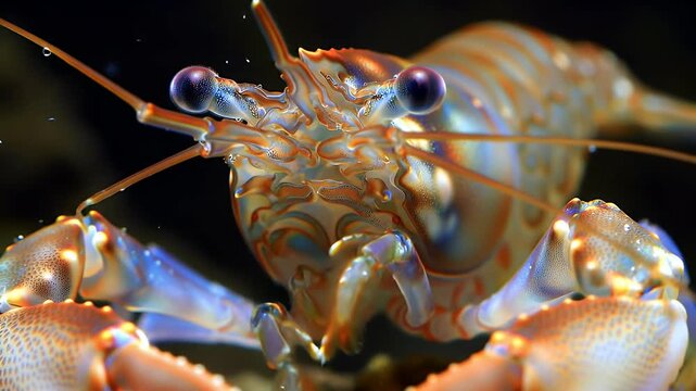 Close-up of a Vibrant Freshwater Crayfish with Intricate Details and Striking Blue Eyes