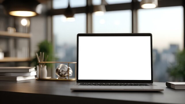 Modern Laptop Mockup on a Dark Desk in a Stylish Office with City View.