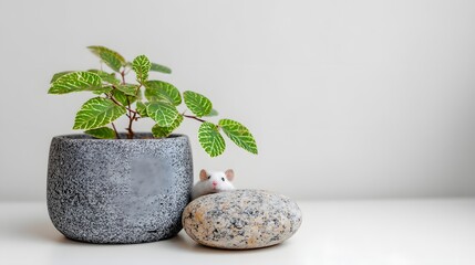 Small plant in a gray pot, figurine, and a stone.