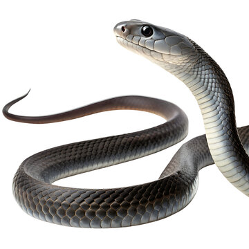 Black mamba snake, light falling on it from an angle making it more visible and attractive, close-up, transparent background