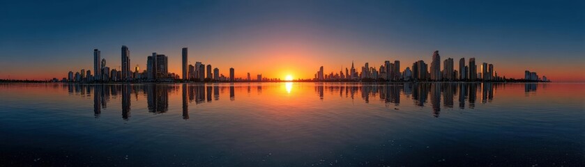 Fototapeta premium Panoramic skyline bathed in golden sunset hues, minimalist silhouette reflections gracing tranquil waters
