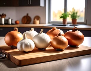 Fresh onions and garlic on a wooden board in a kitchen