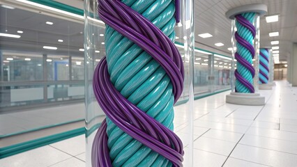 Abstract 3D visualization of deep purple and cyan trading lines wrapping around, showcasing dynamic motion, vibrant light trails, and futuristic trading data lines