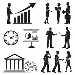 Fototapeta premium Collection of business and finance icons including people charts clock and bank building for presentations and reports