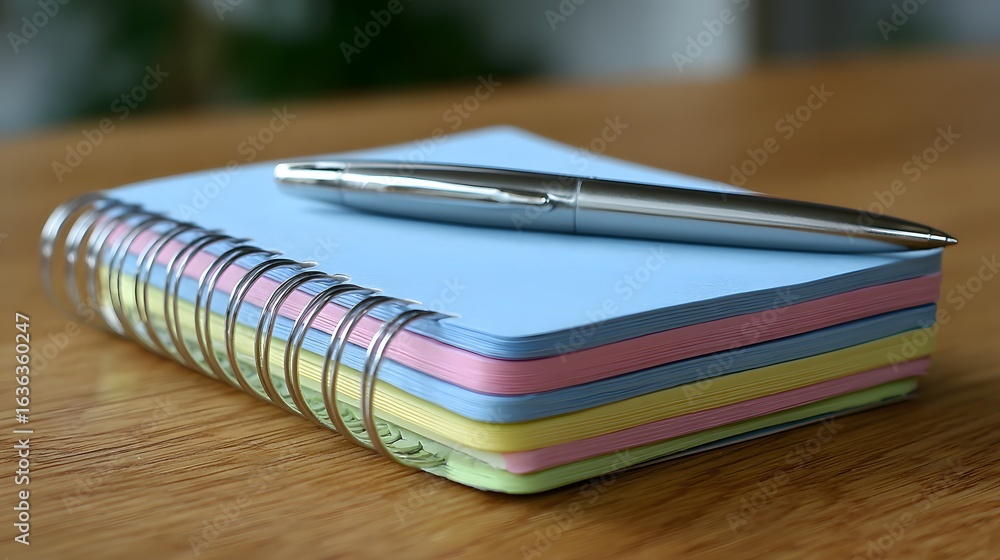 Aufkleber multicolored notepad with a pen resting on a wooden surface.