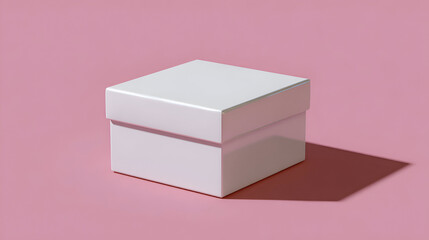 A simple white gift box with a lid casts a shadow on a soft pink background. The clean and minimal scene is perfect for product presentation or gift-giving concepts.