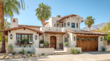 Fototapeta premium Luxury Mediterranean-style home in desert landscape with palm trees