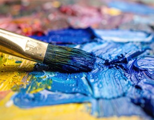 Fototapeta premium Close Up of A Bright Blue Paint Brush Mixing Vibrant Colors on An Artist Palette