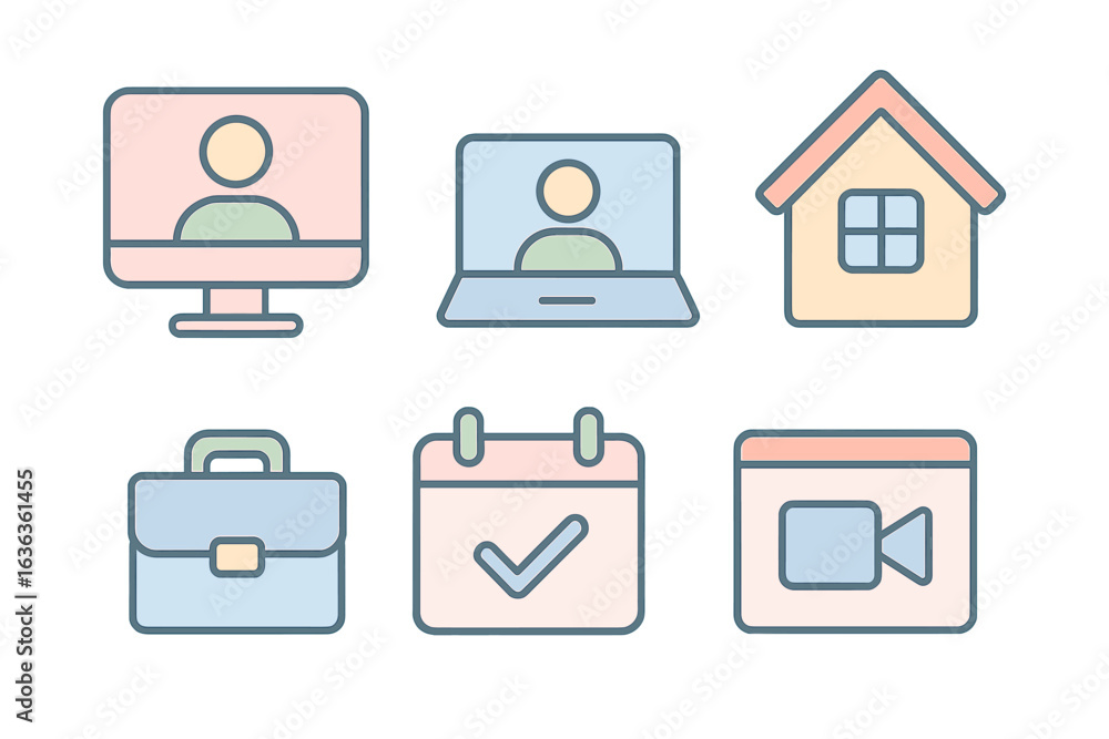 Poster digital workspace icons representing remote work and home office setup during modern times