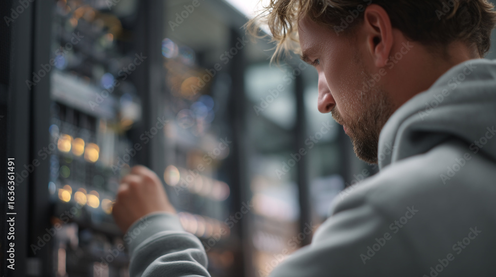 Poster man in gray hoodie working on server rack with lights in a dimly lit room view