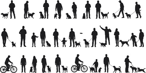 Silhouettes of people with dogs in various poses and activities, walking, playing, bonding, outdoor pet lifestyle interaction set