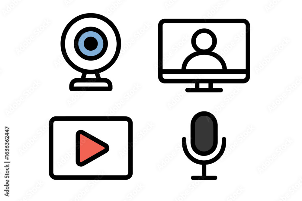 Poster webcam, computer screen, play button, and microphone icons representing digital communication and co