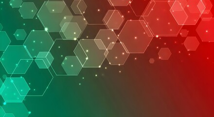 Digital abstract background with glowing translucent hexagonal pattern and gradient from green to red showing layered tech elements in modern futuristic style for science and presentation visuals