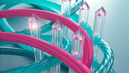 Abstract 3D visualization of vivid pink and deep cyan trading lines wrapping ar, showcasing dynamic motion, vibrant light trails, and futuristic trading data lines