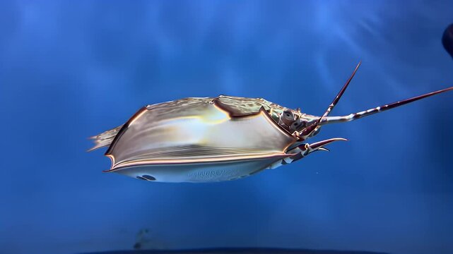 Horseshoe Crab Gliding Through Blue Water: Ancient Marine Arthropod in Aquatic Habitat