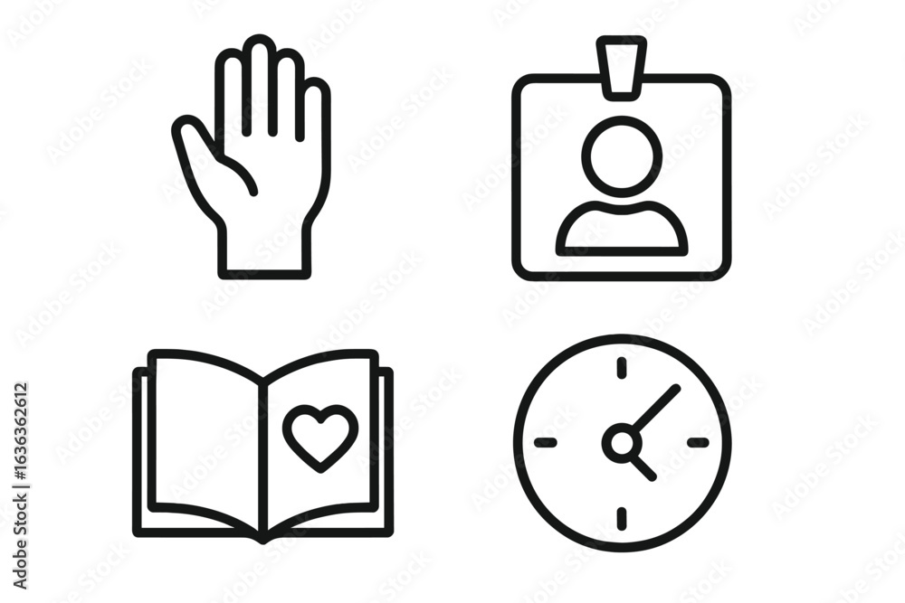 Poster symbols representing communication, time management, and connection in a modern context