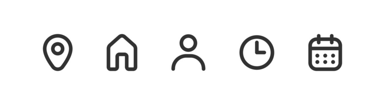 Location, address, people, time, date icon set. Event symbols. Business meeting.