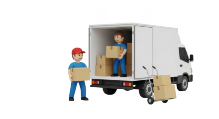 Cartoon movers load boxes into truck
