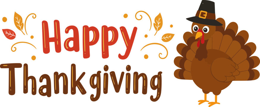 A cheerful cartoon turkey wearing a pilgrim hat, holding a maple leaf, is featured against a black background with the text "Happy Thanksgiving" in red and brown.