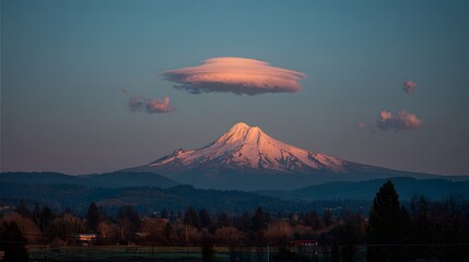 A lenticular cloud hovers over a snow-capped mountain range.