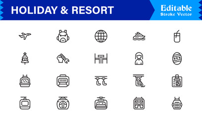 Holiday Resort Travel Line Icon Set – Modern Minimal Professional Vector Symbols for Vacation Tourism Leisure