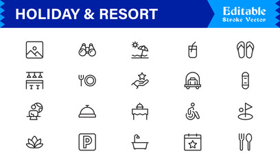 Holiday Resort Travel Line Icon Set – Modern Minimal Professional Vector Symbols for Vacation Tourism Leisure
