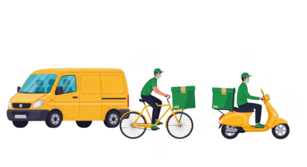 Diverse delivery vehicles van bike scooter