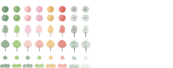 水彩 Trees & Bushes 四季イラストセット – 平面図・立面図・断面図用 添景シンボル ベクター