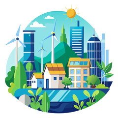 Eco-Friendly Urban Landscape with Wind Turbines and Solar Panels Vector