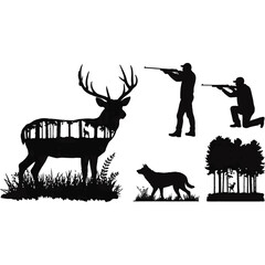 Deer silhouette with double exposure forest scene, hunter and dog vector design set