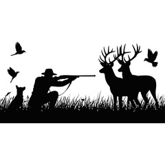 Hunter aiming rifle at deer with dog, hunting adventure silhouette vector art