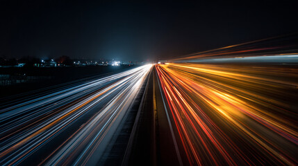 Night highway with light trails showing motion blur from cars passing by quickly