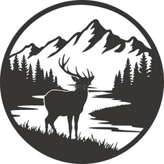 Deer silhouette in a mountain forest landscape, circular vector emblem for logo design