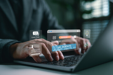 Hands typing on laptop with AI agents and live chat interface, representing artificial intelligence automation, smart customer support, and innovative digital solutions for modern business.