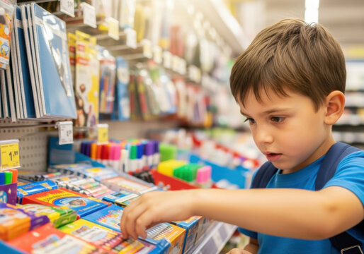Young boy shopping for colorful school supplies, choosing crayons and markers in store aisle, focused and curious expression - Powered by Adobe